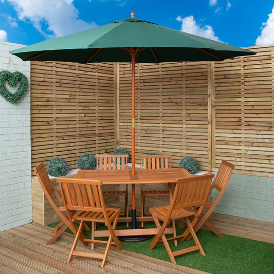 Outdoor 6 Person Folding Rectangular Wooden Garden Dining Table Chairs Parasol and Base set