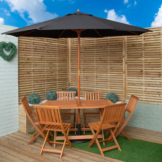 Outdoor 6 Person Folding Rectangular Wooden Garden Dining Table Chairs Parasol and Base set