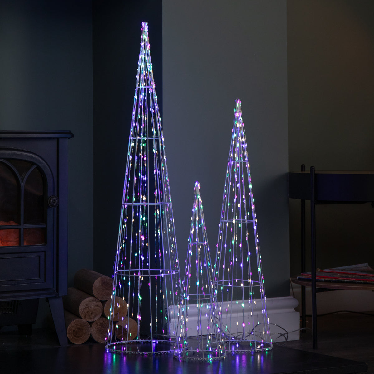 Set of 3 Light up White Metal Dewdrop Christmas Cone Trees with Mulit-Coloured LEDs