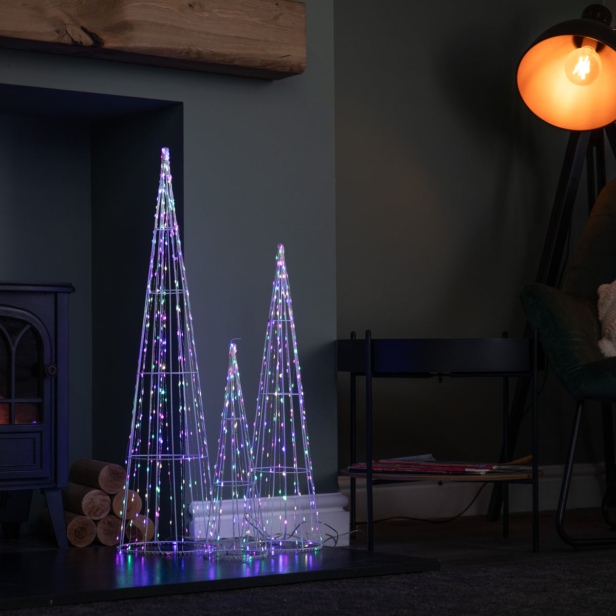 Set of 3 Light up White Metal Dewdrop Christmas Cone Trees with Mulit-Coloured LEDs