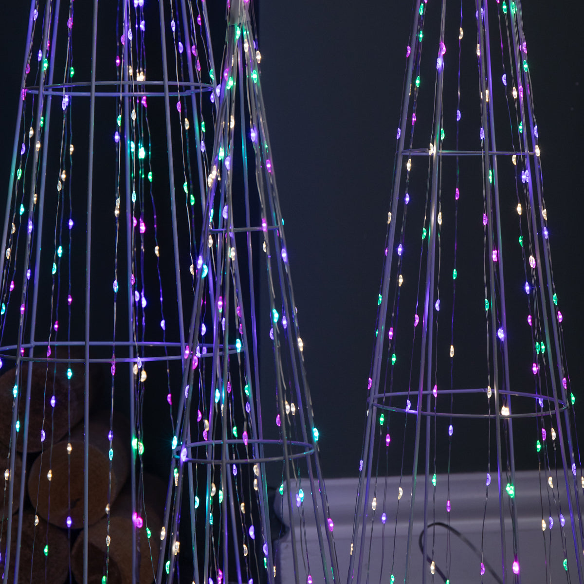 Set of 3 Light up White Metal Dewdrop Christmas Cone Trees with Mulit-Coloured LEDs