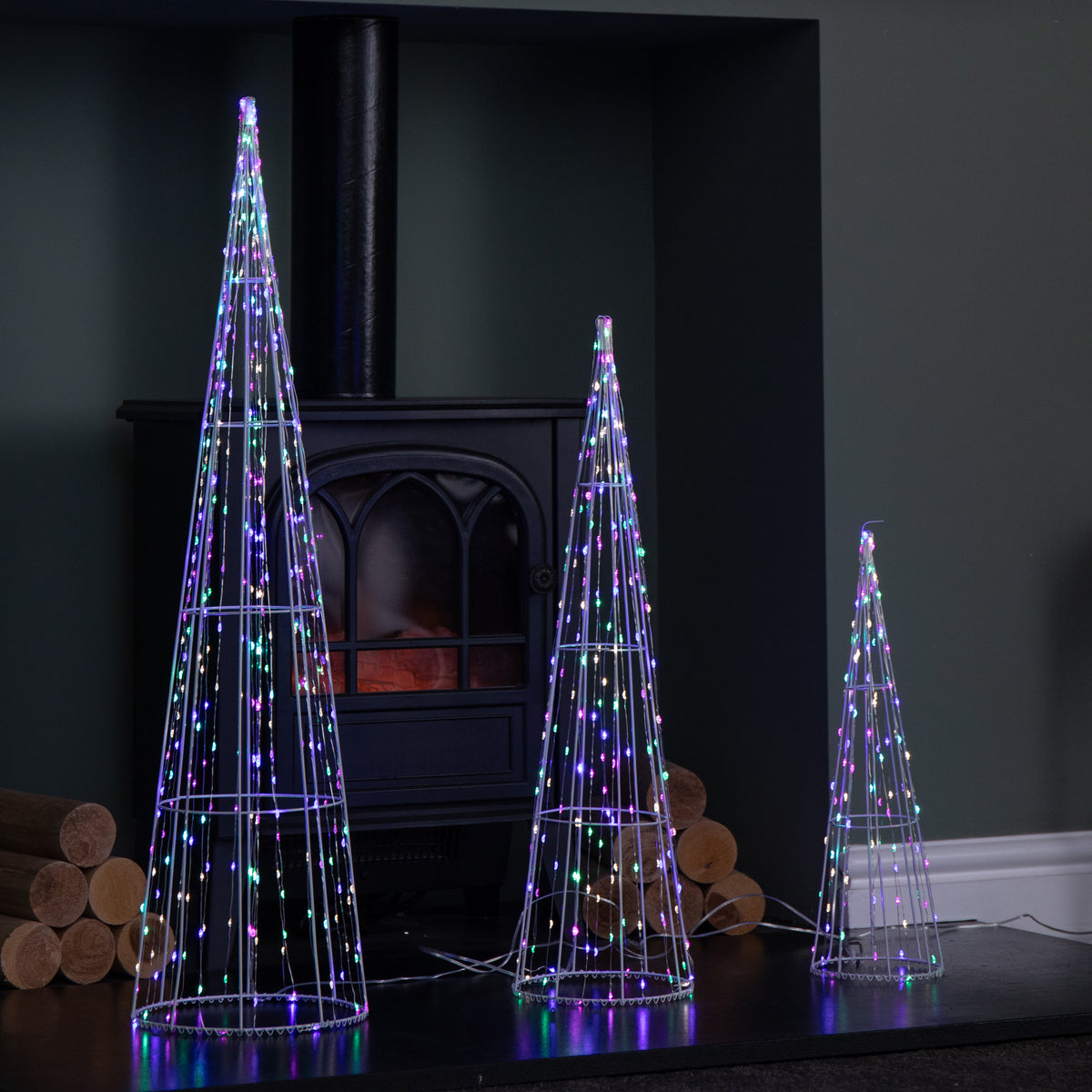 Set of 3 Light up White Metal Dewdrop Christmas Cone Trees with Mulit-Coloured LEDs