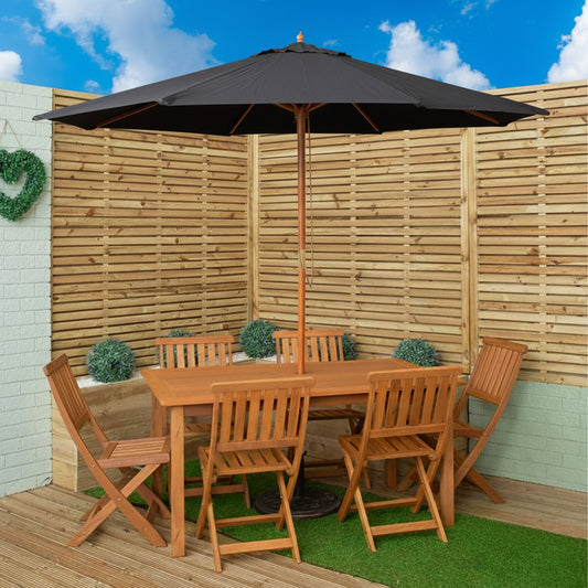Outdoor 6 Person Rectangular Wooden Garden Patio Dining Table Chairs with Black Parasol and Base Set