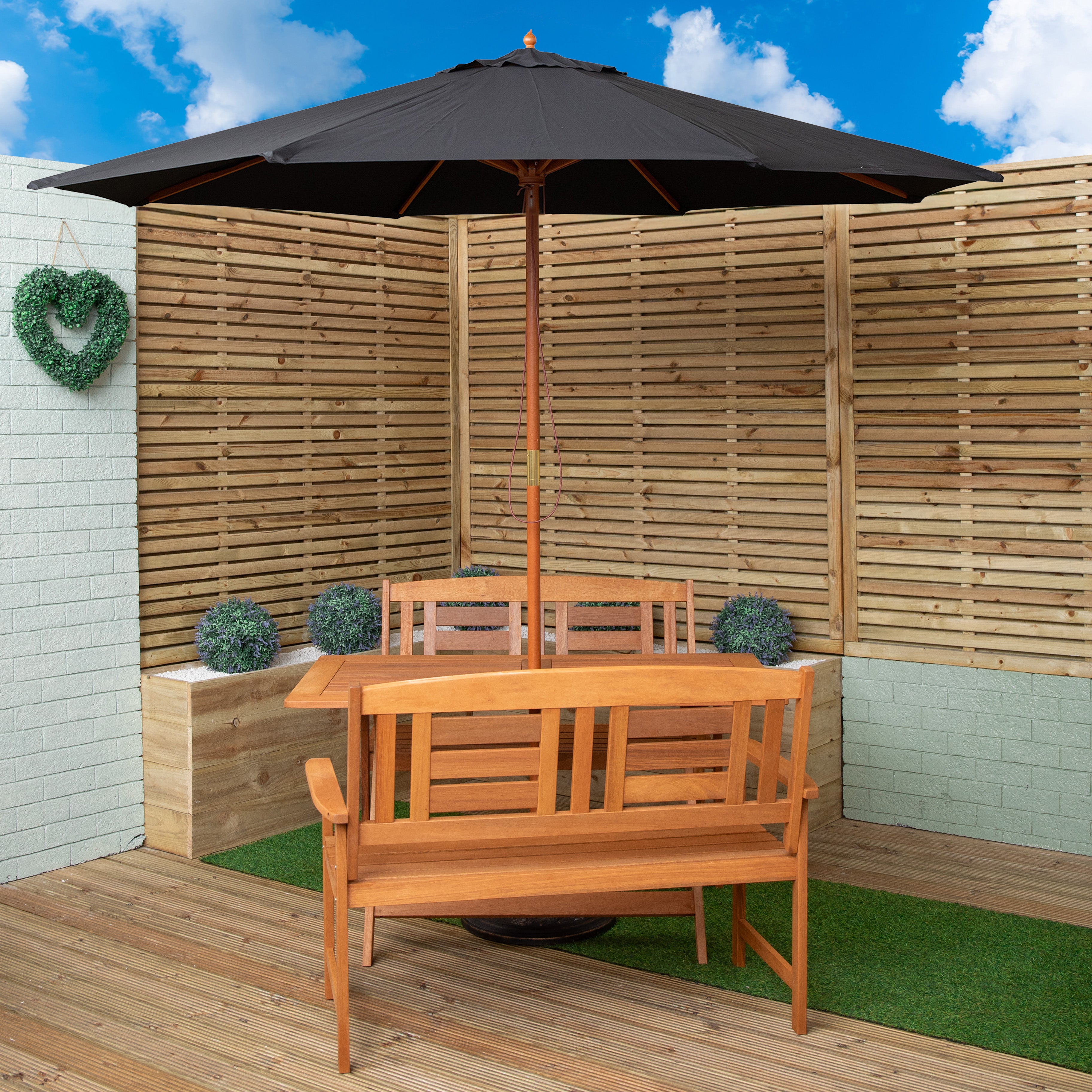 Outdoor 4 Person Folding Rectangular Wooden Garden Dining Table Benches Black Parasol and Base Set