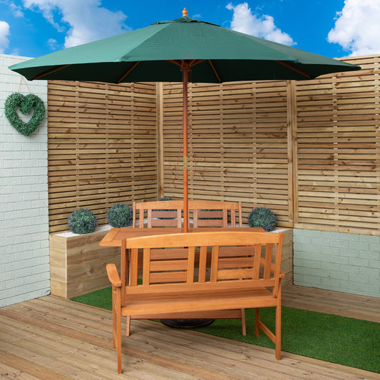 Outdoor 4 Person Folding Rectangular Wooden Garden Dining Table Benches Parasol and Base Set