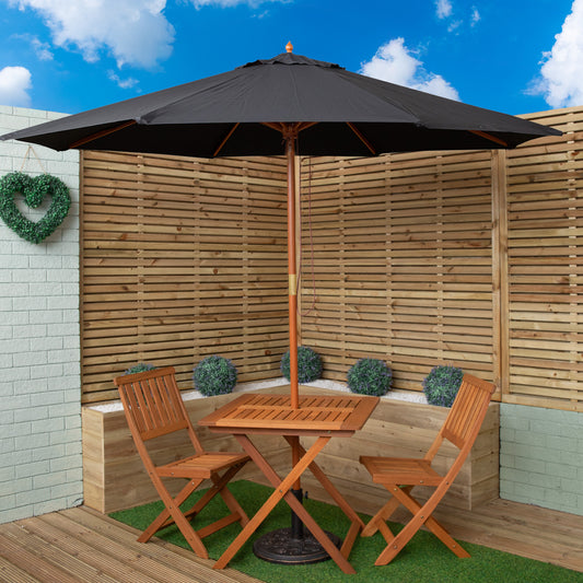 Outdoor 2 Person Folding Square Wooden Garden Dining Table Chairs Black Parasol and Base Set