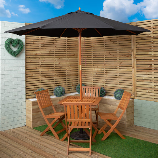 Outdoor 4 Person Folding Square Wooden Garden Dining Table Chairs Black Parasol and Base Set