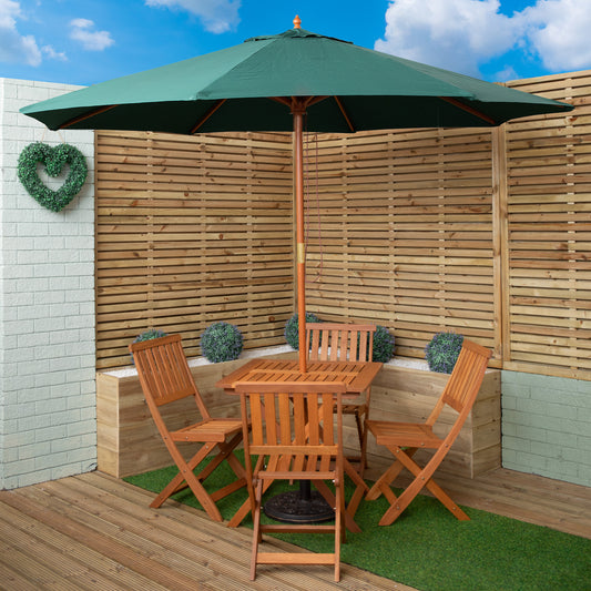 Outdoor 4 Person Folding Square Wooden Garden Dining Table Chairs Green Parasol and Base Set