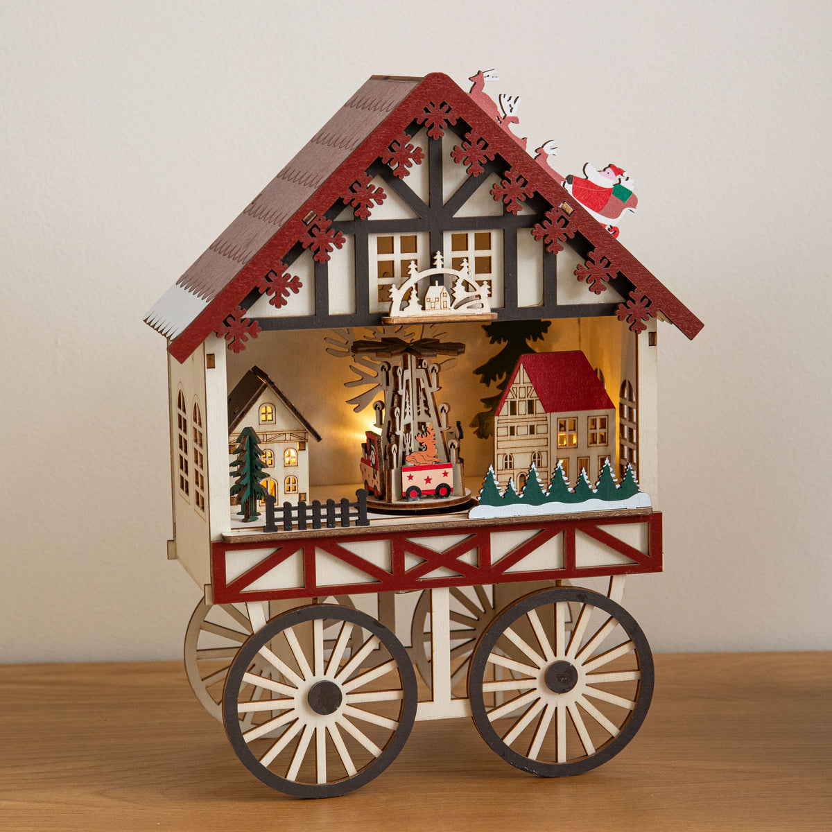 27cm Light Up Wooden Christmas Carriage Musical Scene with LEDs