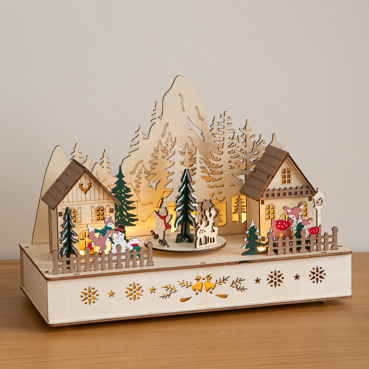 28cm Light Up Wooden Winter Village Christmas Scene with 8 Warm White LEDs