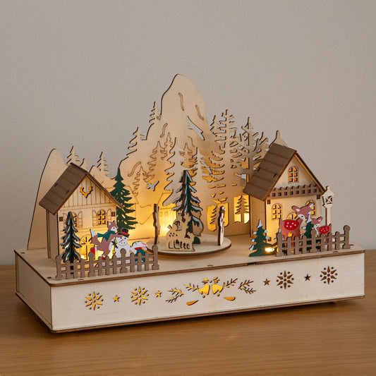 28cm Light Up Wooden Winter Village Christmas Scene with 8 Warm White LEDs