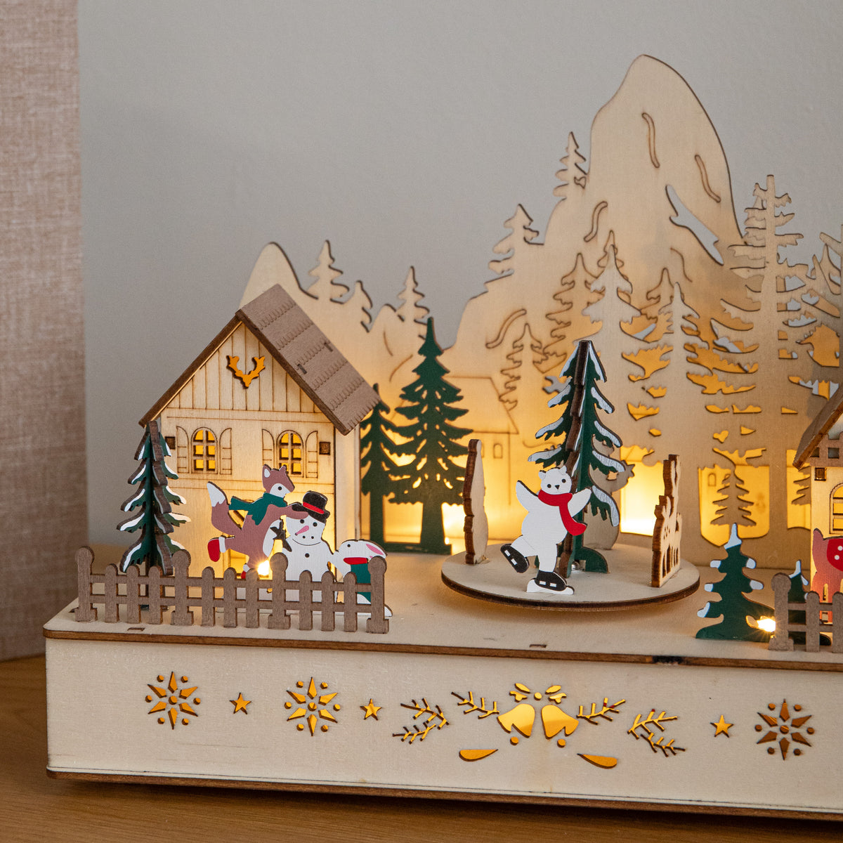 28cm Light Up Wooden Winter Village Christmas Scene with 8 Warm White LEDs