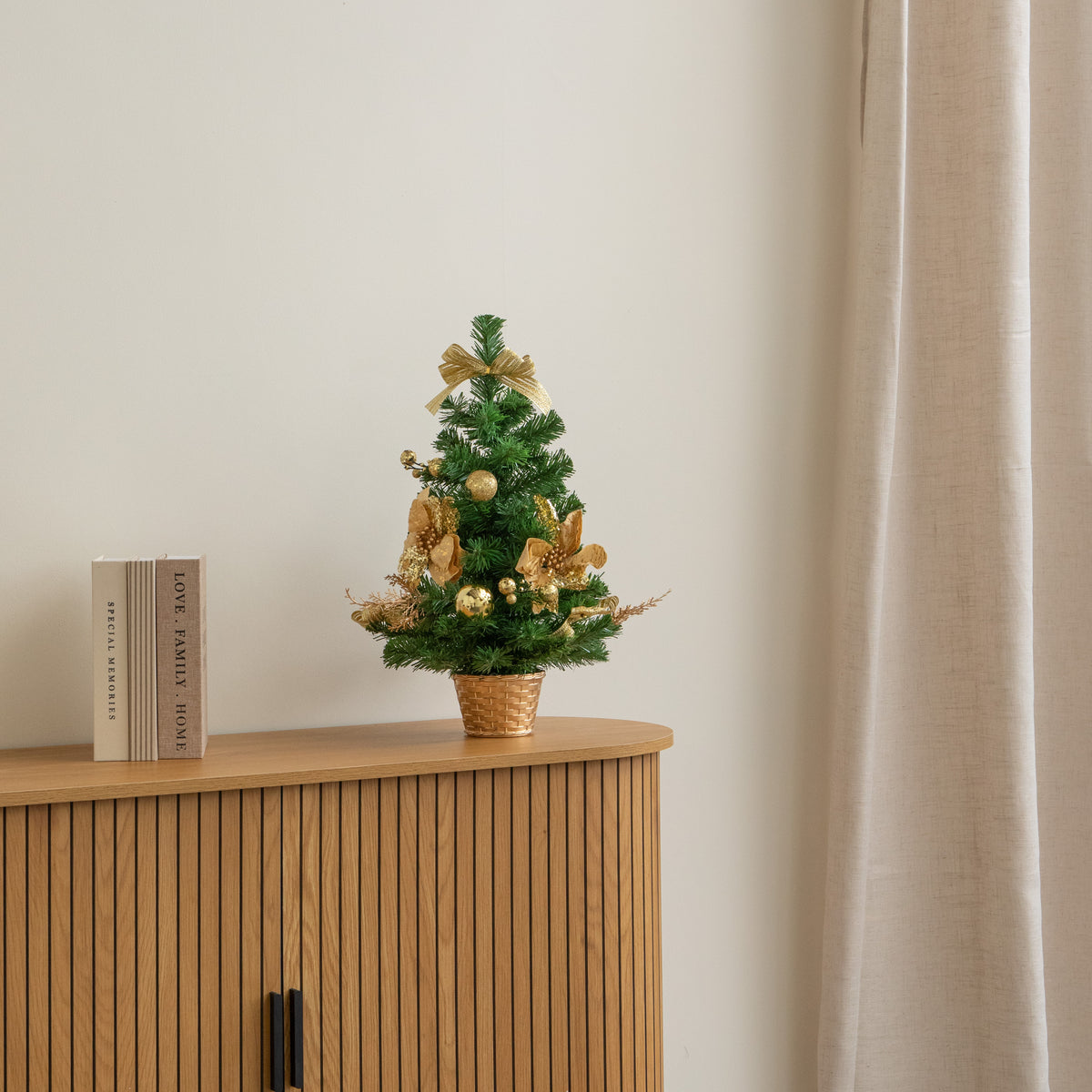 50cm Mini Christmas Fir Tree in Plastic Pot with Gold Decorations 