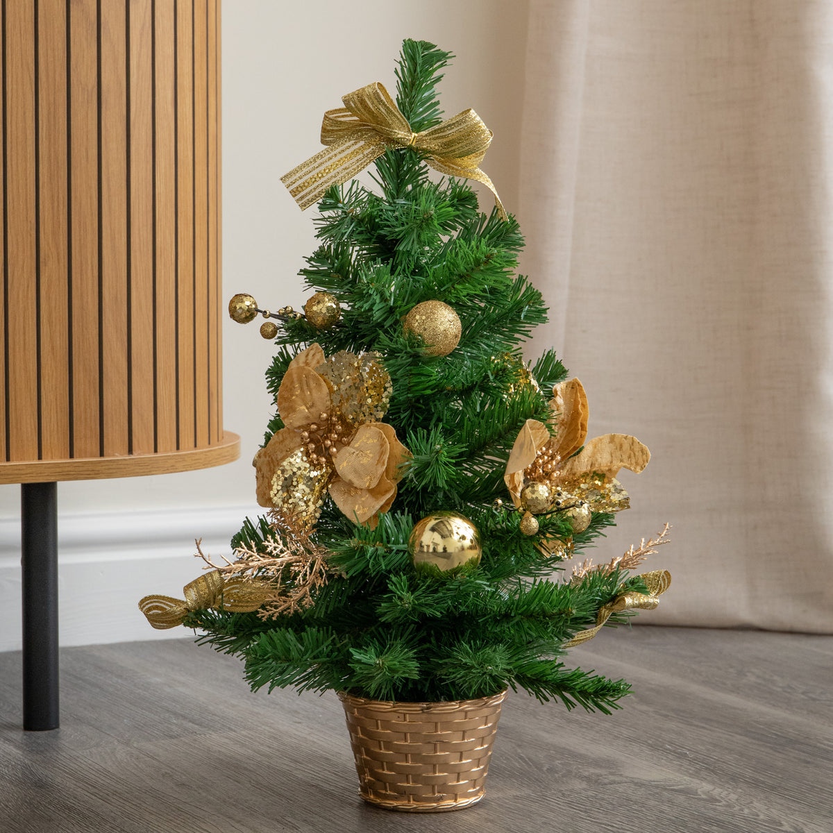 50cm Mini Christmas Fir Tree in Plastic Pot with Gold Decorations 