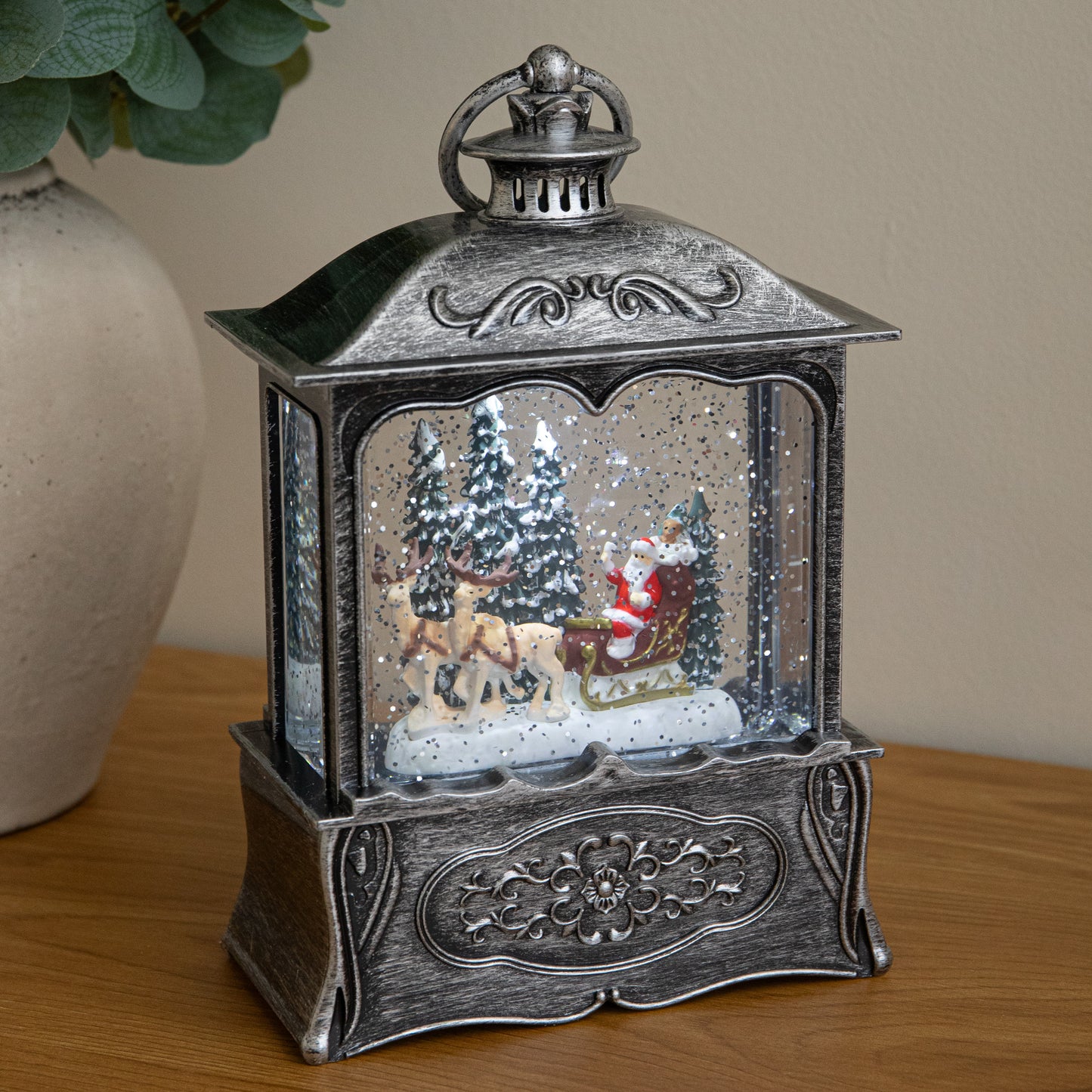 22cm Dual Powered Silver Santa Sleigh Christmas Water Spinner Lantern
