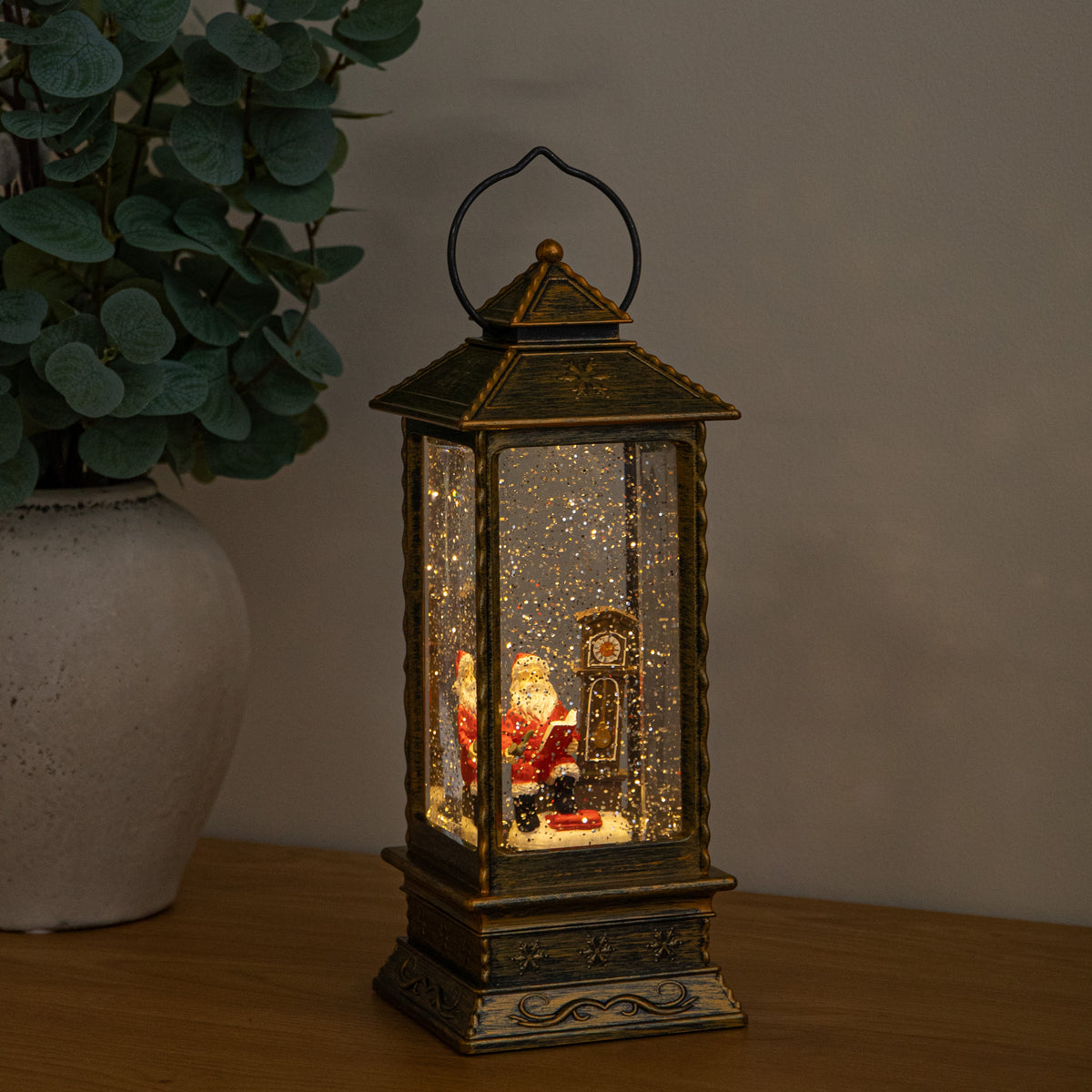 27cm Dual Powered Antique Gold LED Christmas Water Spinner with Santa & Clock