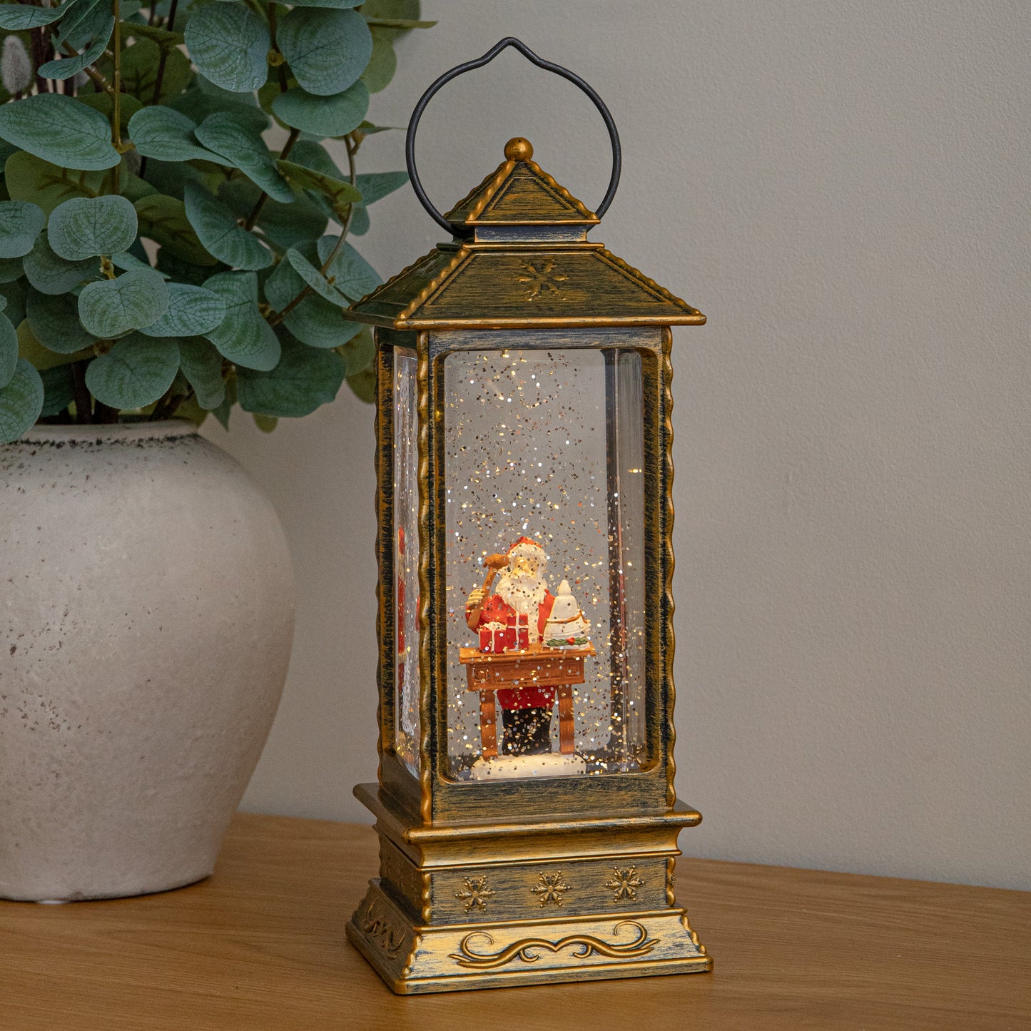 27cm Dual Powered Gold Santa Workshop Christmas Water Spinner Lantern