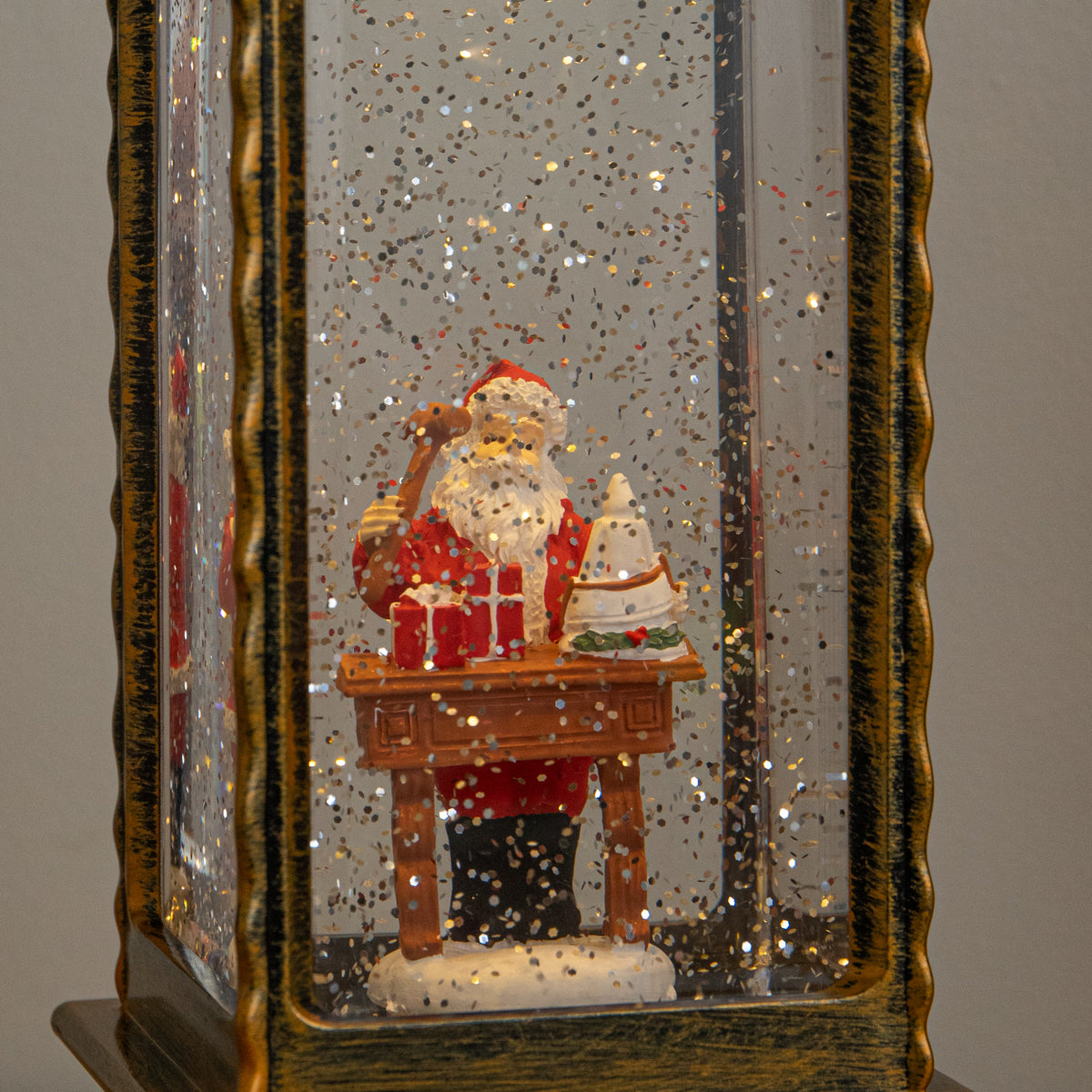 27cm Dual Powered Gold Santa Workshop Christmas Water Spinner Lantern