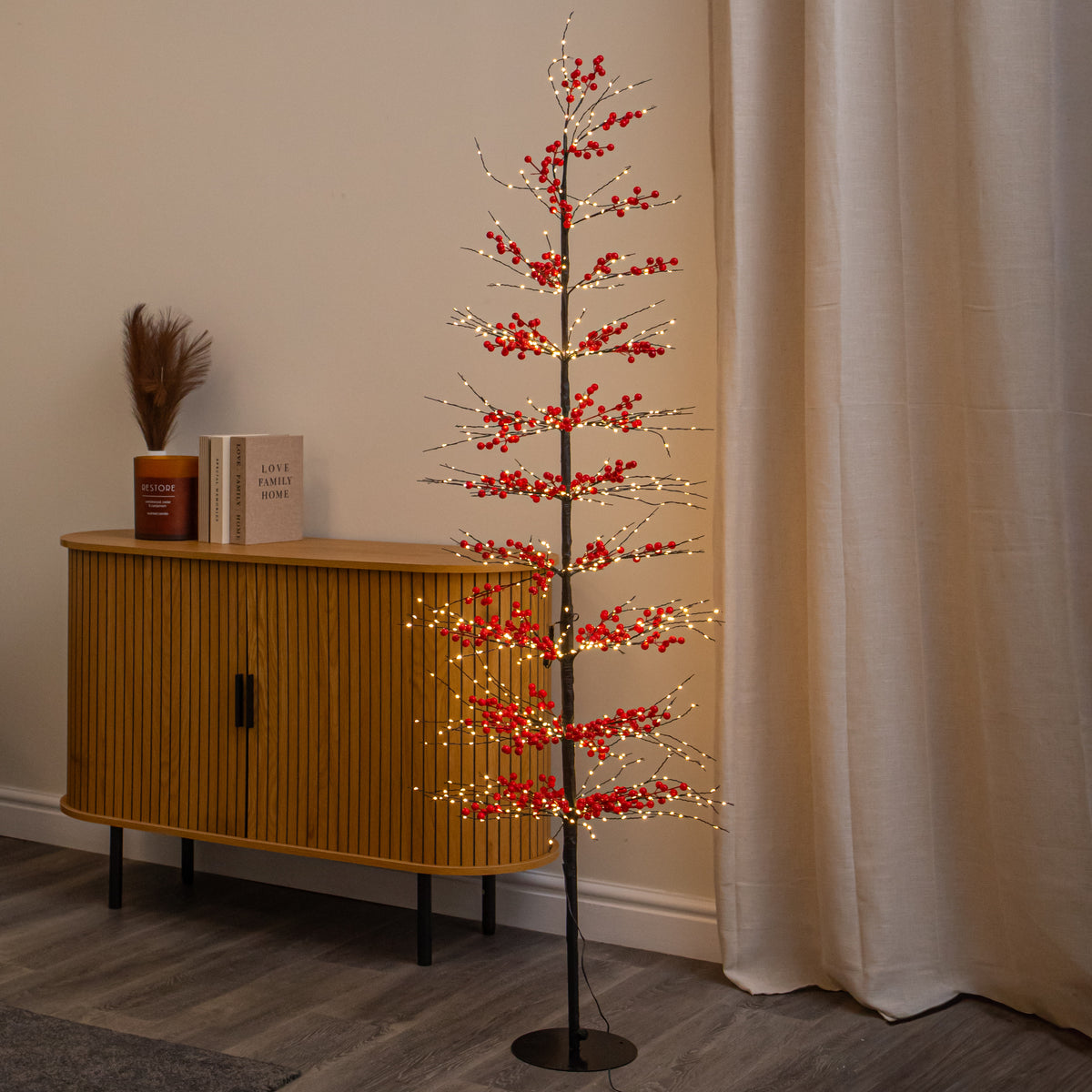 1.8m Light up Red Berry Christmas Tree with 775 Warm White LEDs