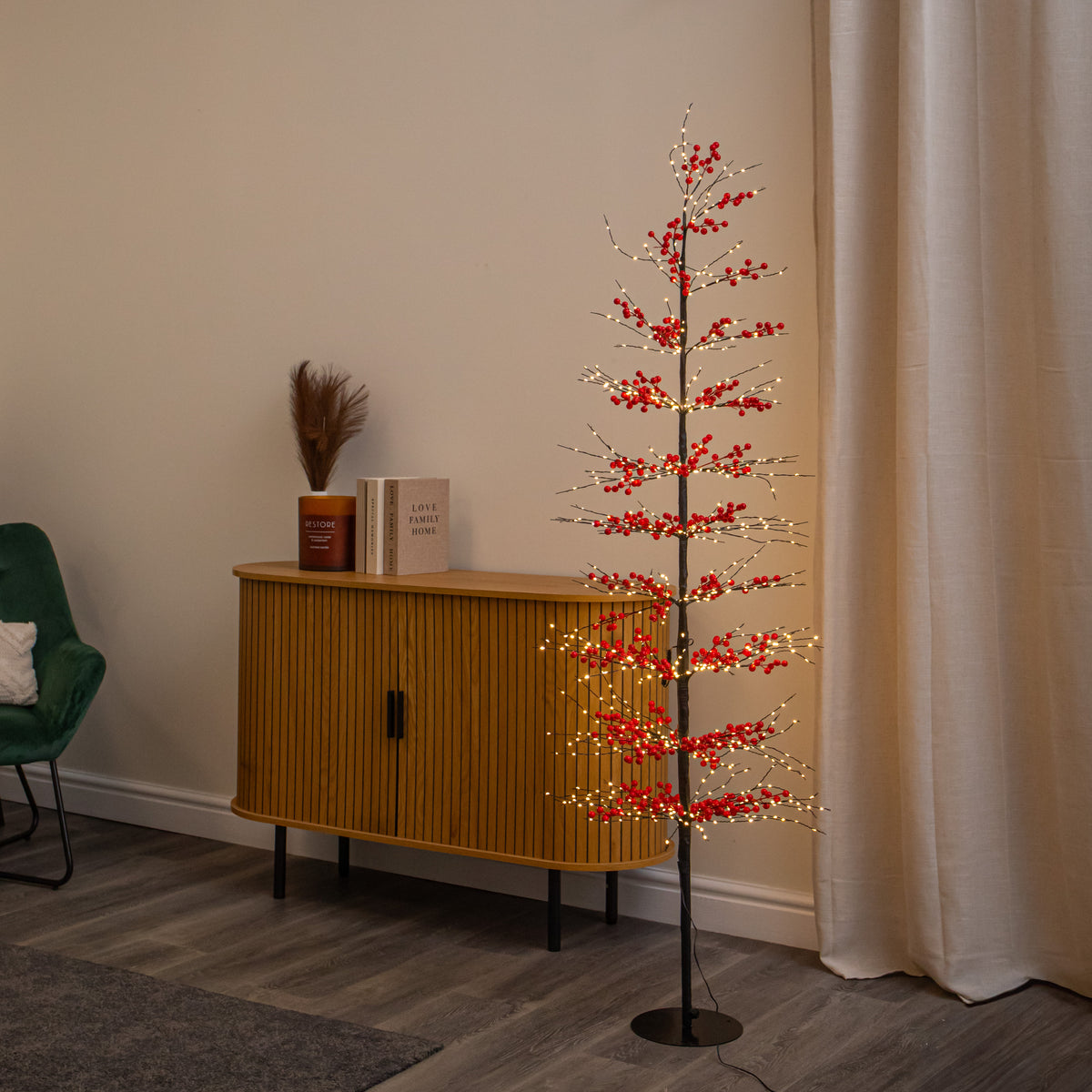 1.8m Light up Red Berry Christmas Tree with 775 Warm White LEDs