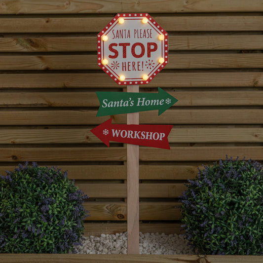 75cm Light Up Wooden Santa Stop Here Christmas Sign with Warm White LEDs