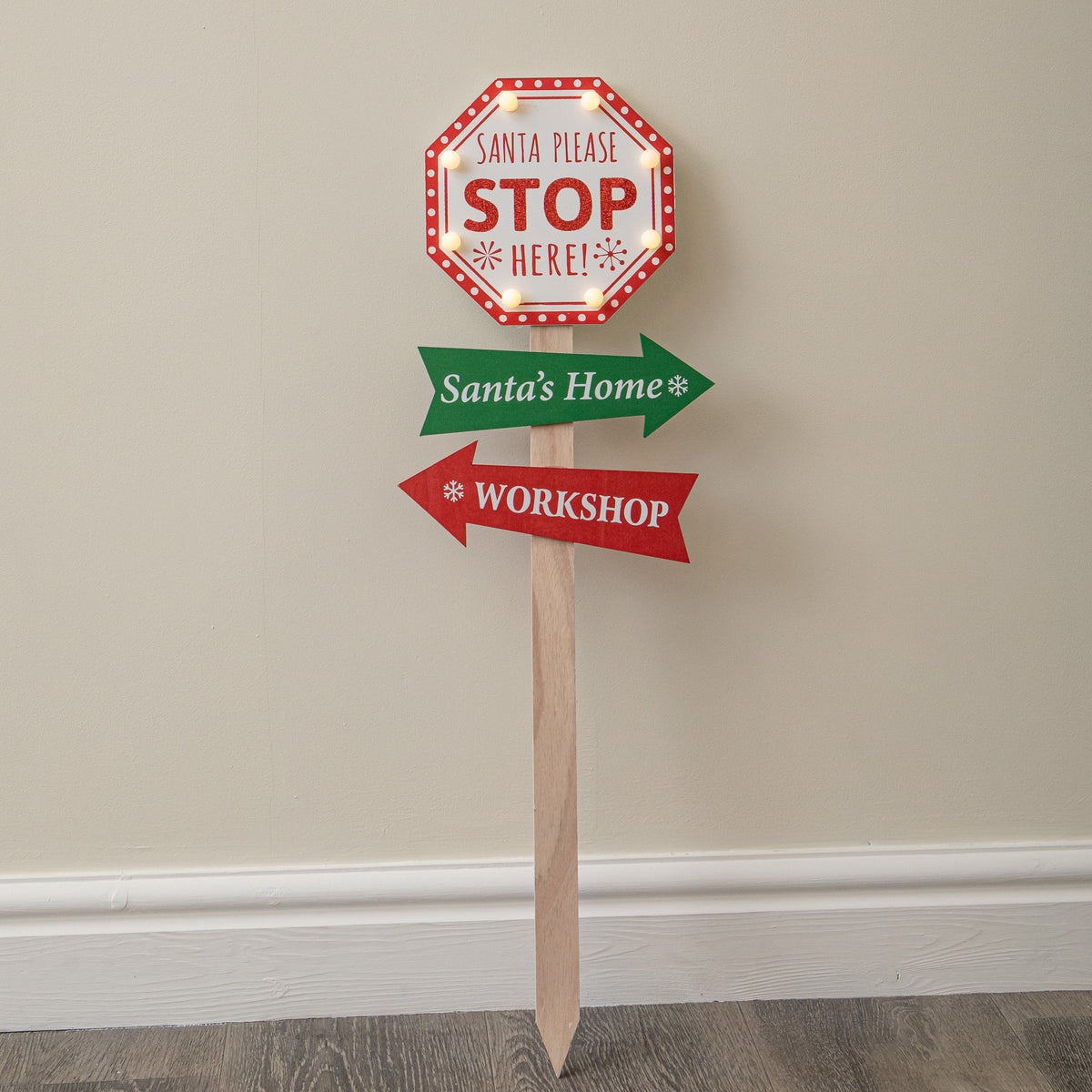 75cm Light Up Wooden Santa Stop Here Christmas Sign with Warm White LEDs