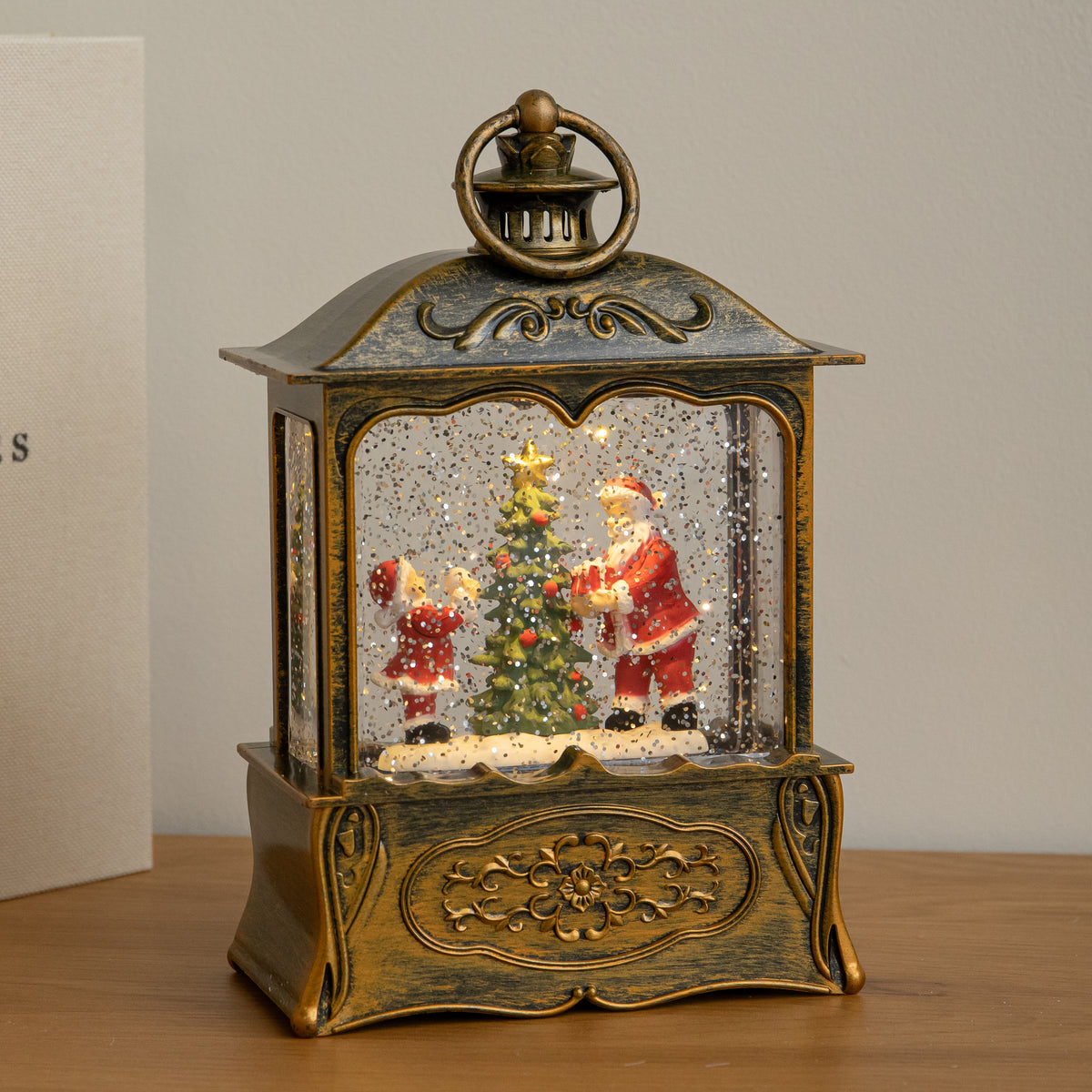 22cm Dual Powered Gold Santa Christmas Water Spinner Lantern