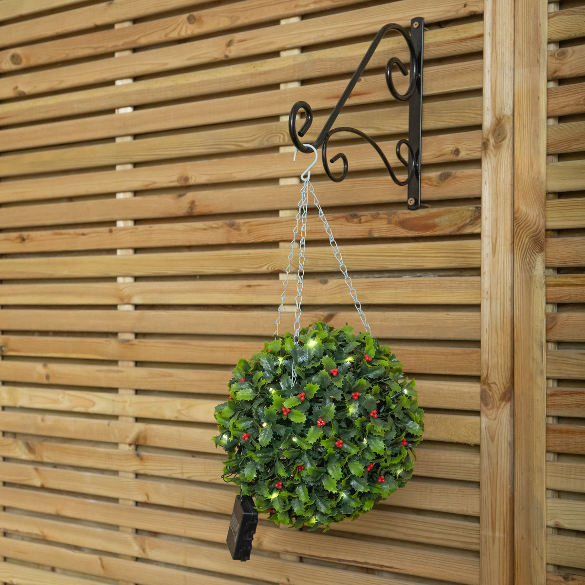 30cm Light up Christmas Holly Topiary Ball with Berries with Hanging Hook