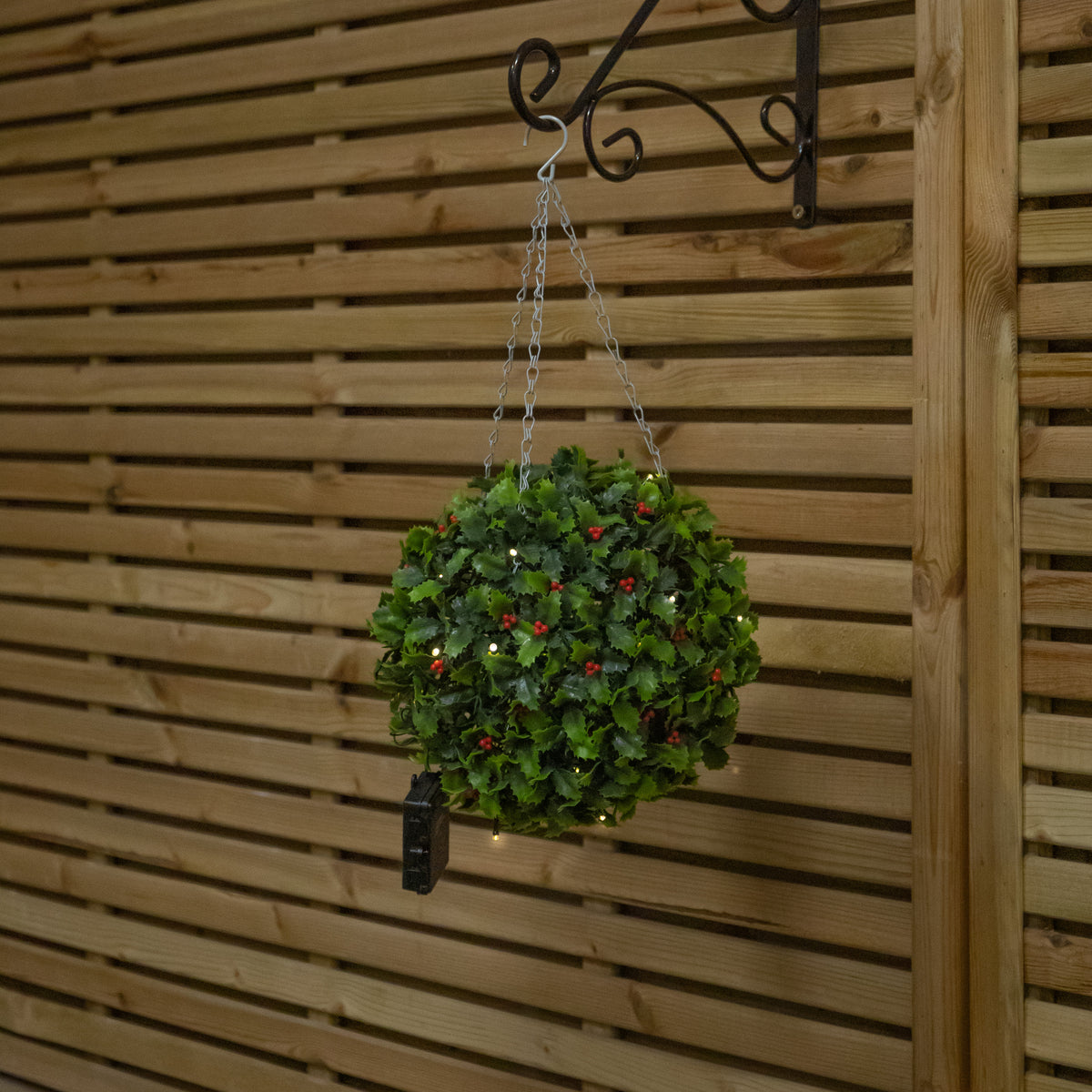 30cm Light up Christmas Holly Topiary Ball with Berries with Hanging Hook