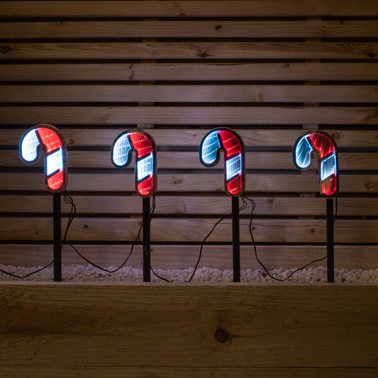 Set of 4 Infinity Mirror Candy Cane Christmas Path Lights with LEDs