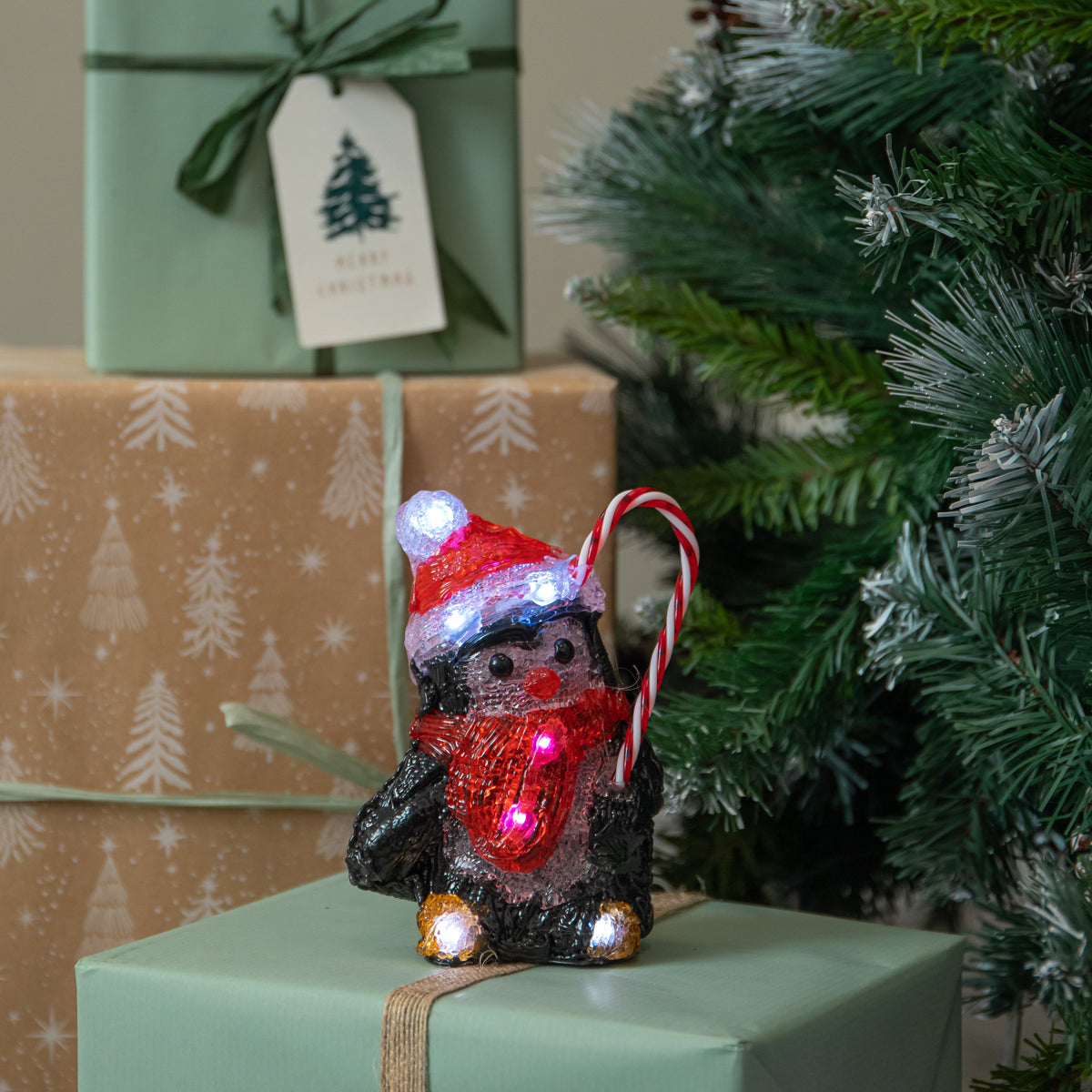 Set of 5 Acrylic Penguin Christmas Lights in Santa Hats with Cool White LEDs