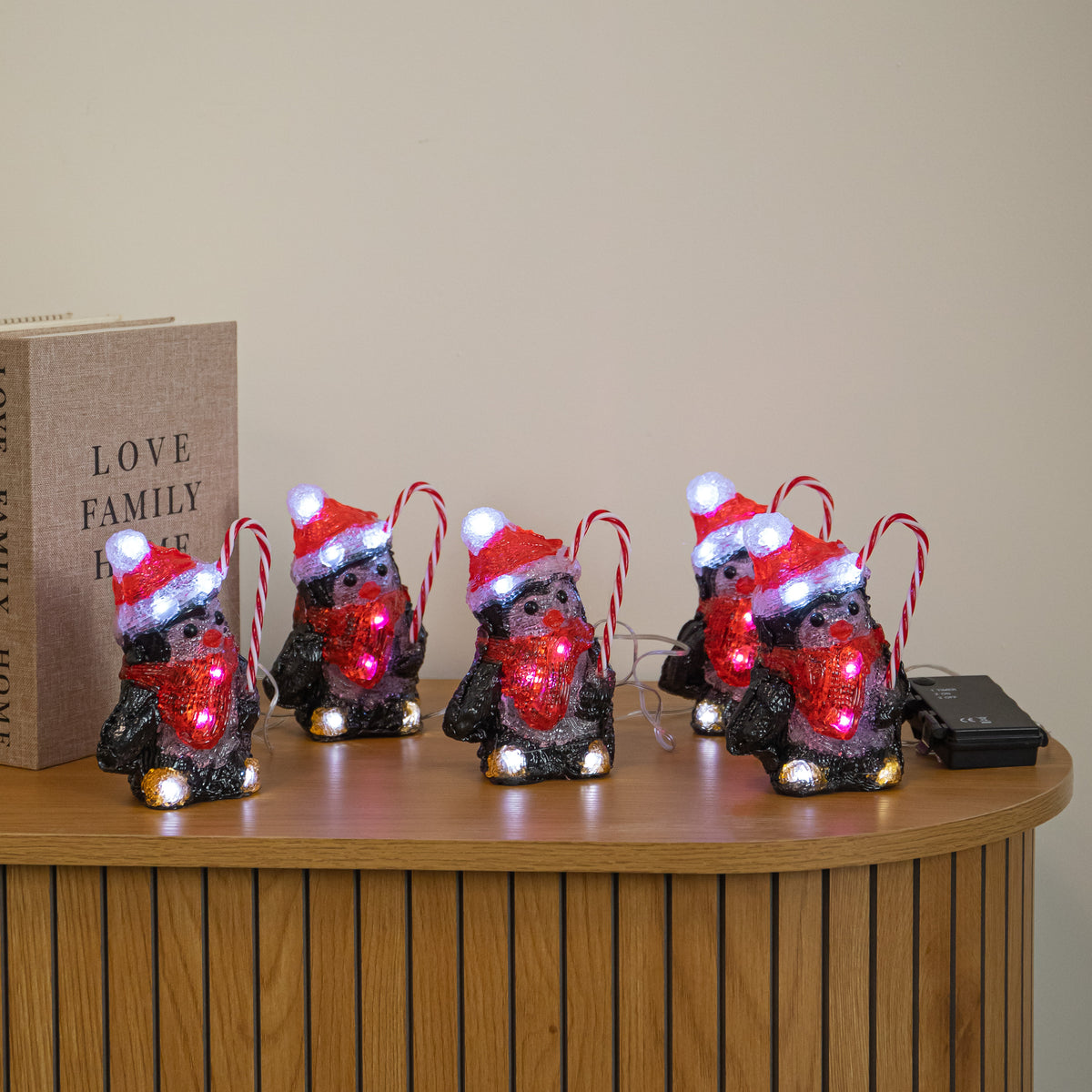 Set of 5 Acrylic Penguin Christmas Lights in Santa Hats with Cool White LEDs