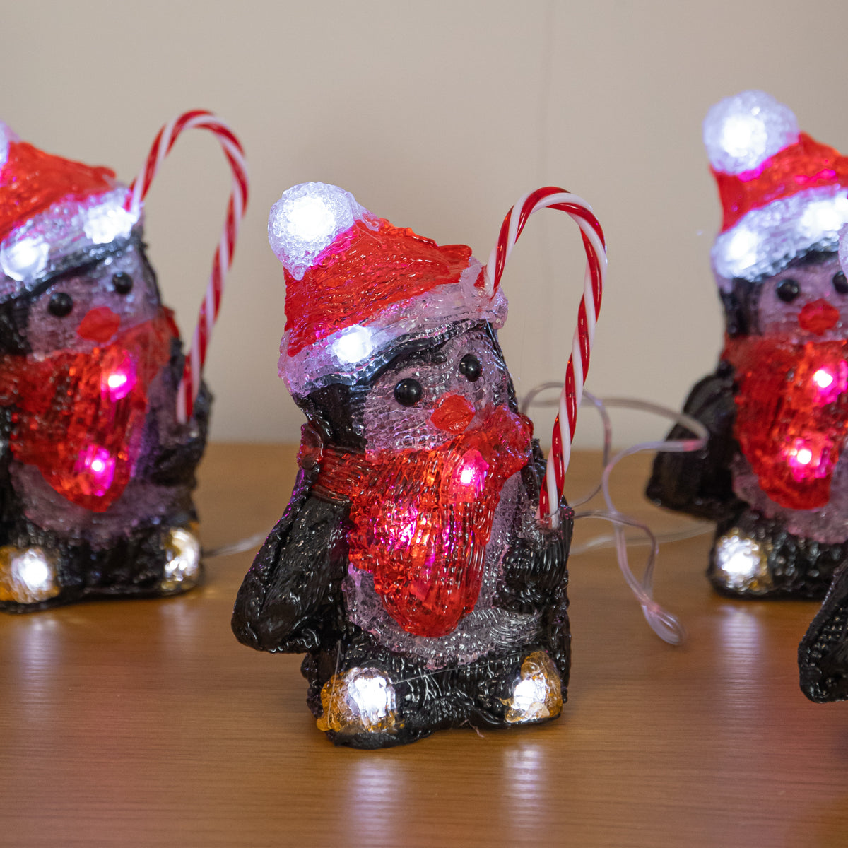 Set of 5 Acrylic Penguin Christmas Lights in Santa Hats with Cool White LEDs