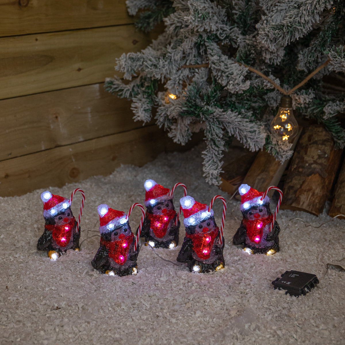 Set of 5 Acrylic Penguin Christmas Lights in Santa Hats with Cool White LEDs