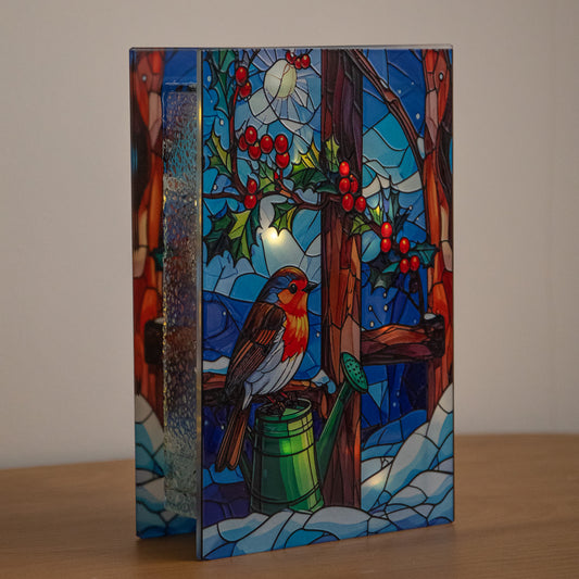 21 x 13cm Light Up Robin Stained Glass Christmas Decoration