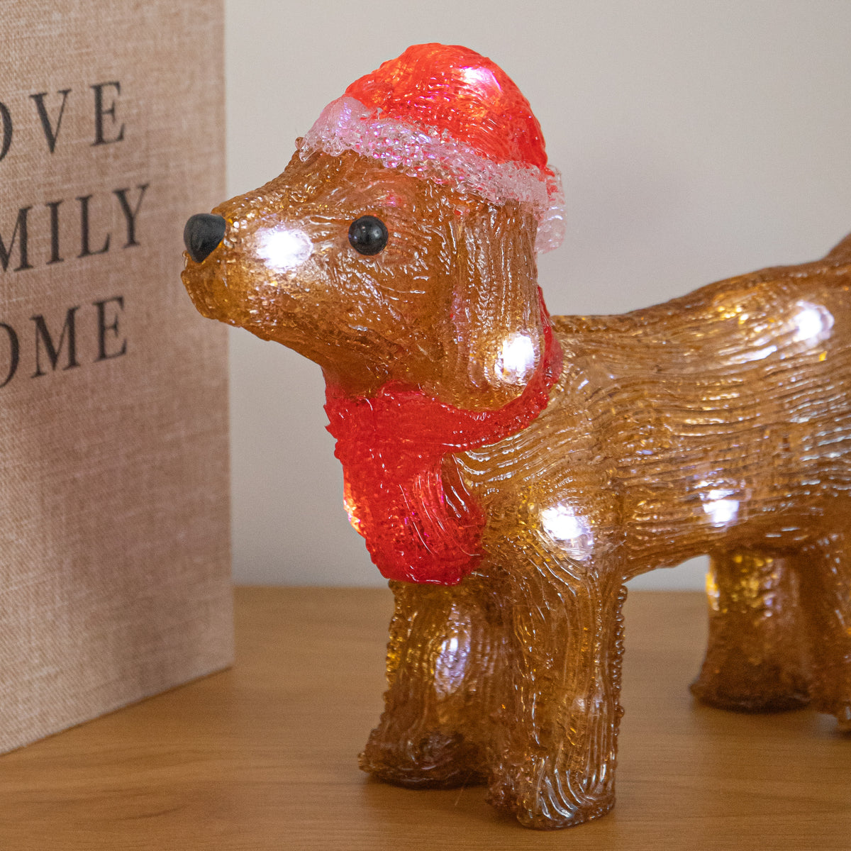 28cm Light Up Acrylic Christmas Dog Decoration with Santa Hat & LEDs