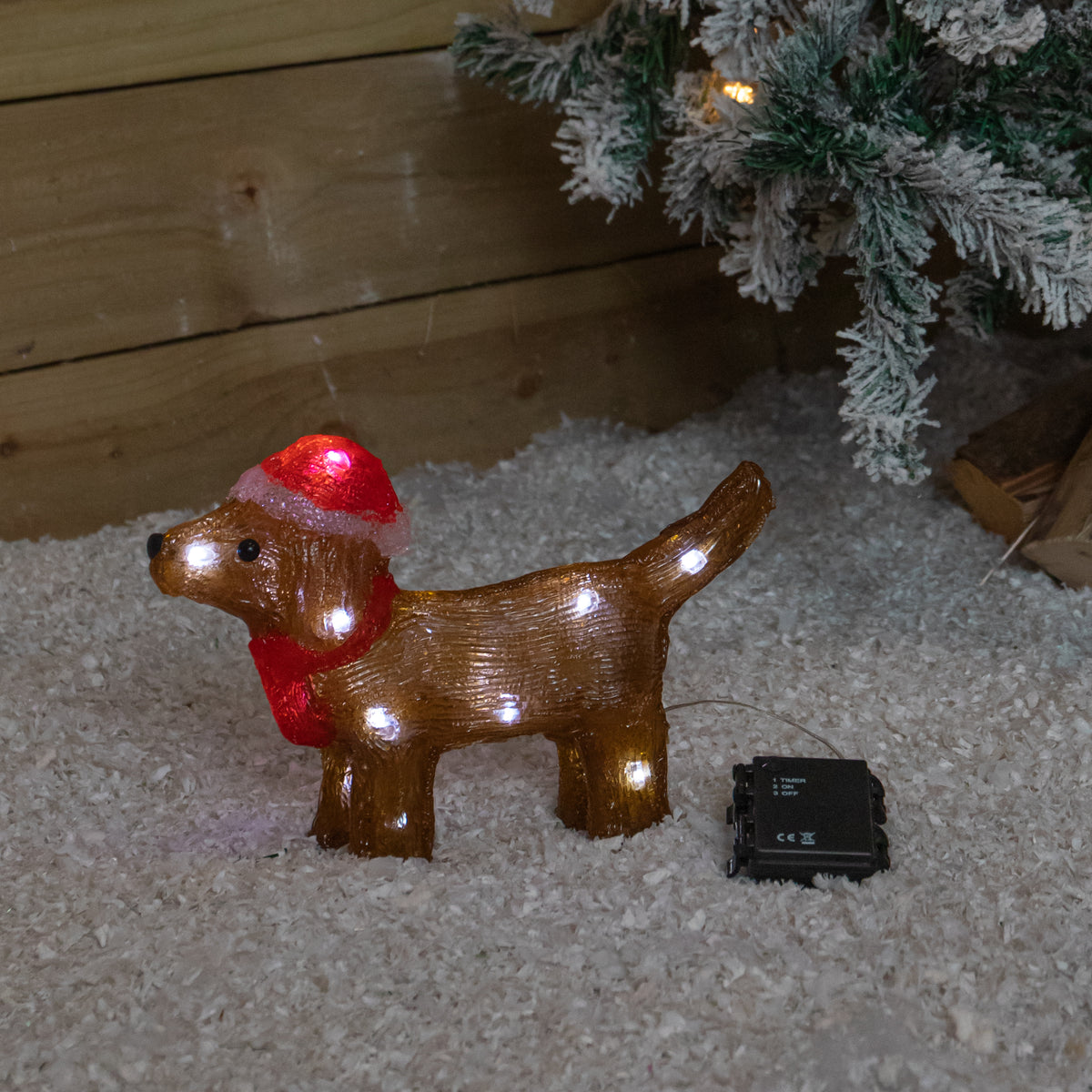 28cm Light Up Acrylic Christmas Dog Decoration with Santa Hat & LEDs