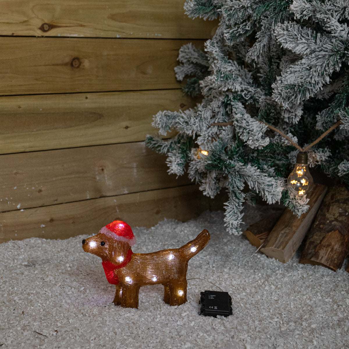 28cm Light Up Acrylic Christmas Dog Decoration with Santa Hat & LEDs
