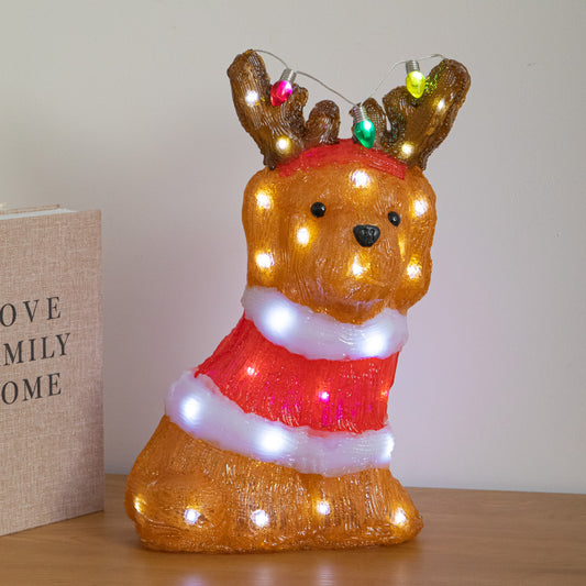 34cm Light Up Acrylic Christmas Dog Decoration with 40 White LEDs