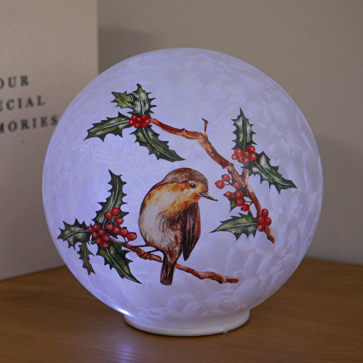 20cm Light Up Christmas Robin Glass Ball with Cool White LEDs