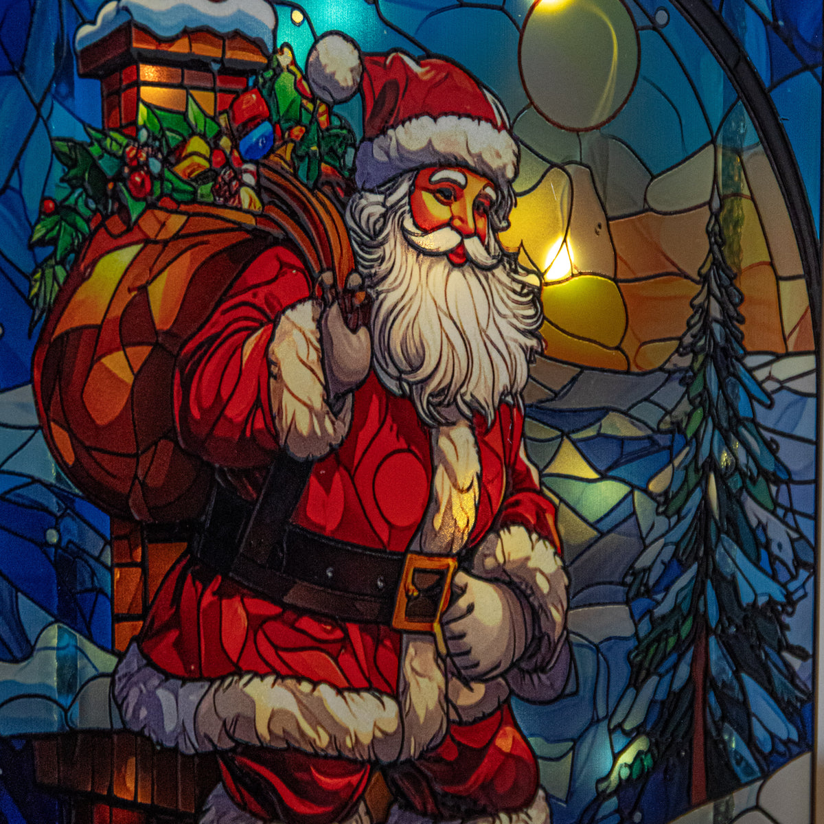 21 x 13cm Light Up Santa on Chimney Stained Glass Christmas Decoration