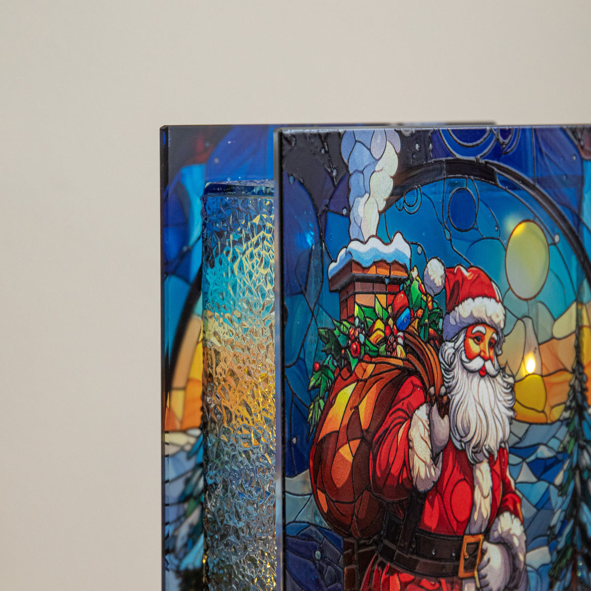 21 x 13cm Light Up Santa on Chimney Stained Glass Christmas Decoration