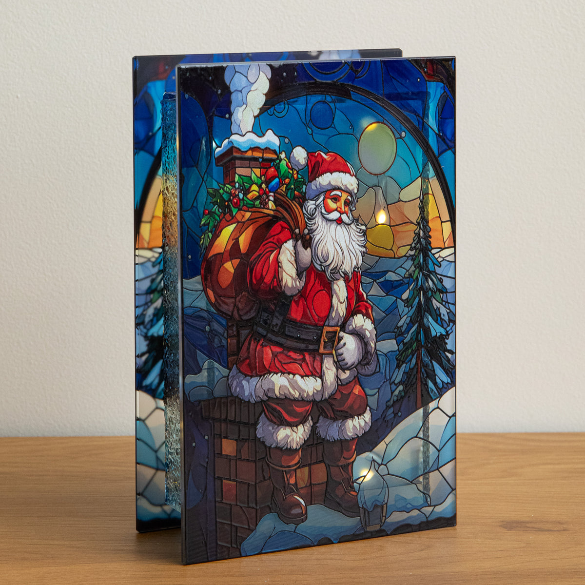 21 x 13cm Light Up Santa on Chimney Stained Glass Christmas Decoration