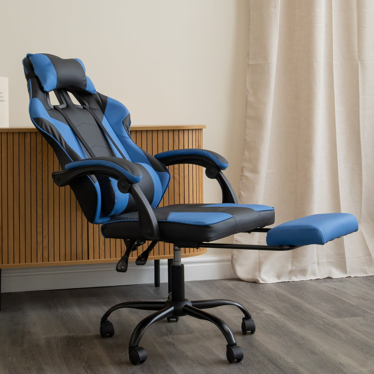 Ergonomic Gaming Chair with Footrest and Removable Pillows in Blue