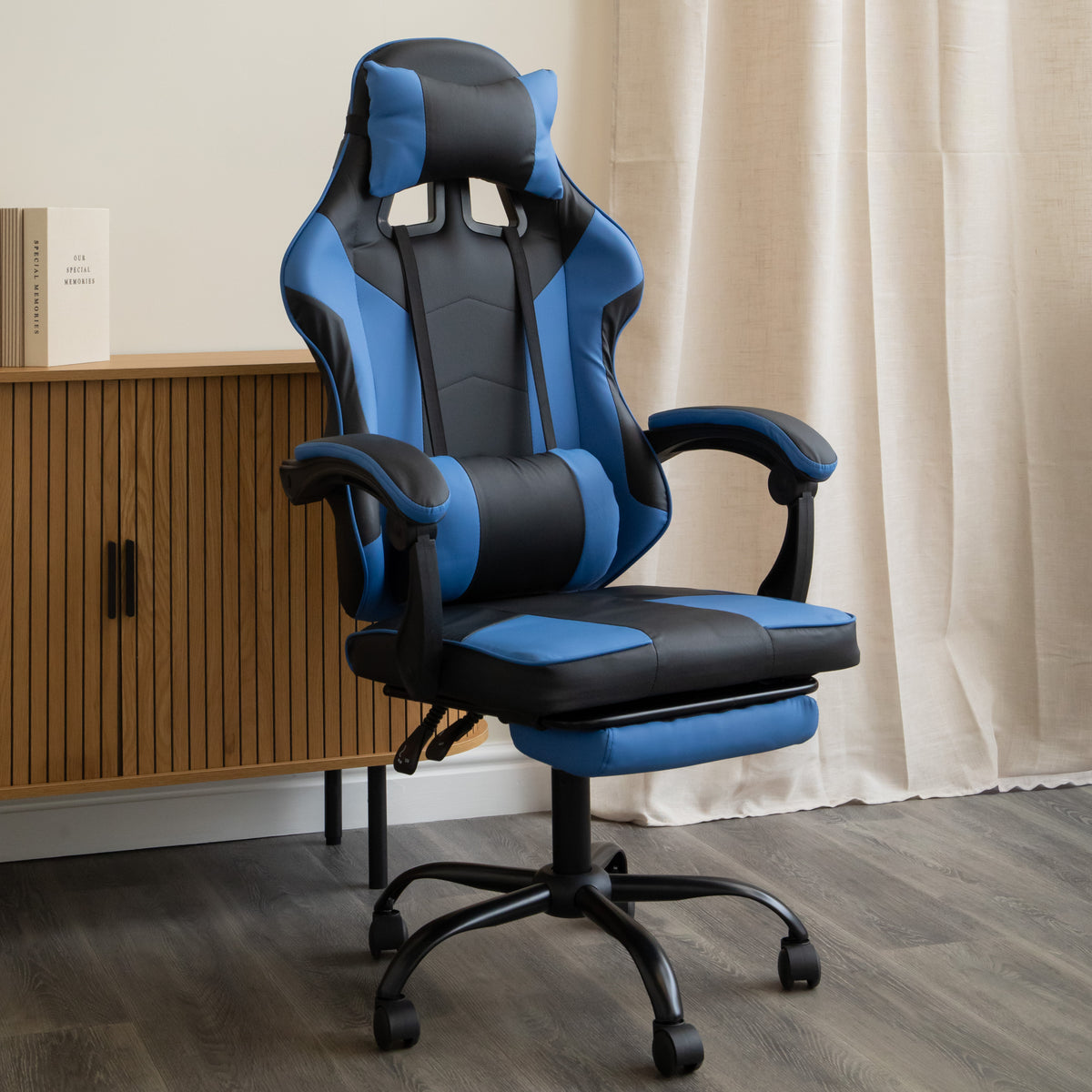 Ergonomic Gaming Chair with Footrest and Removable Pillows in Blue