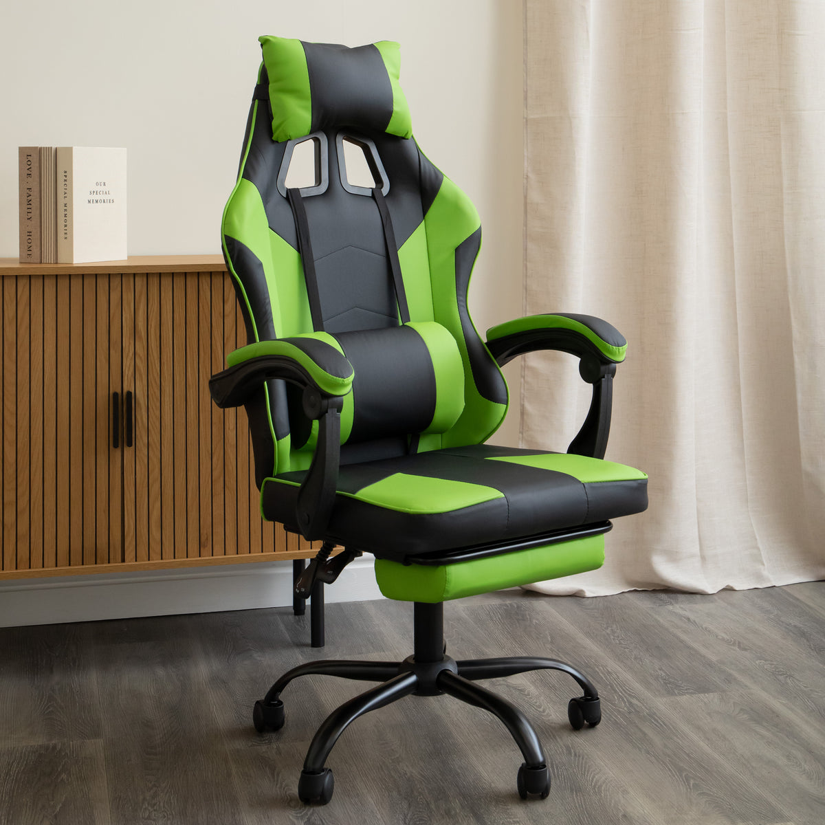 Ergonomic Gaming Chair with Footrest and Removable Pillows in Green