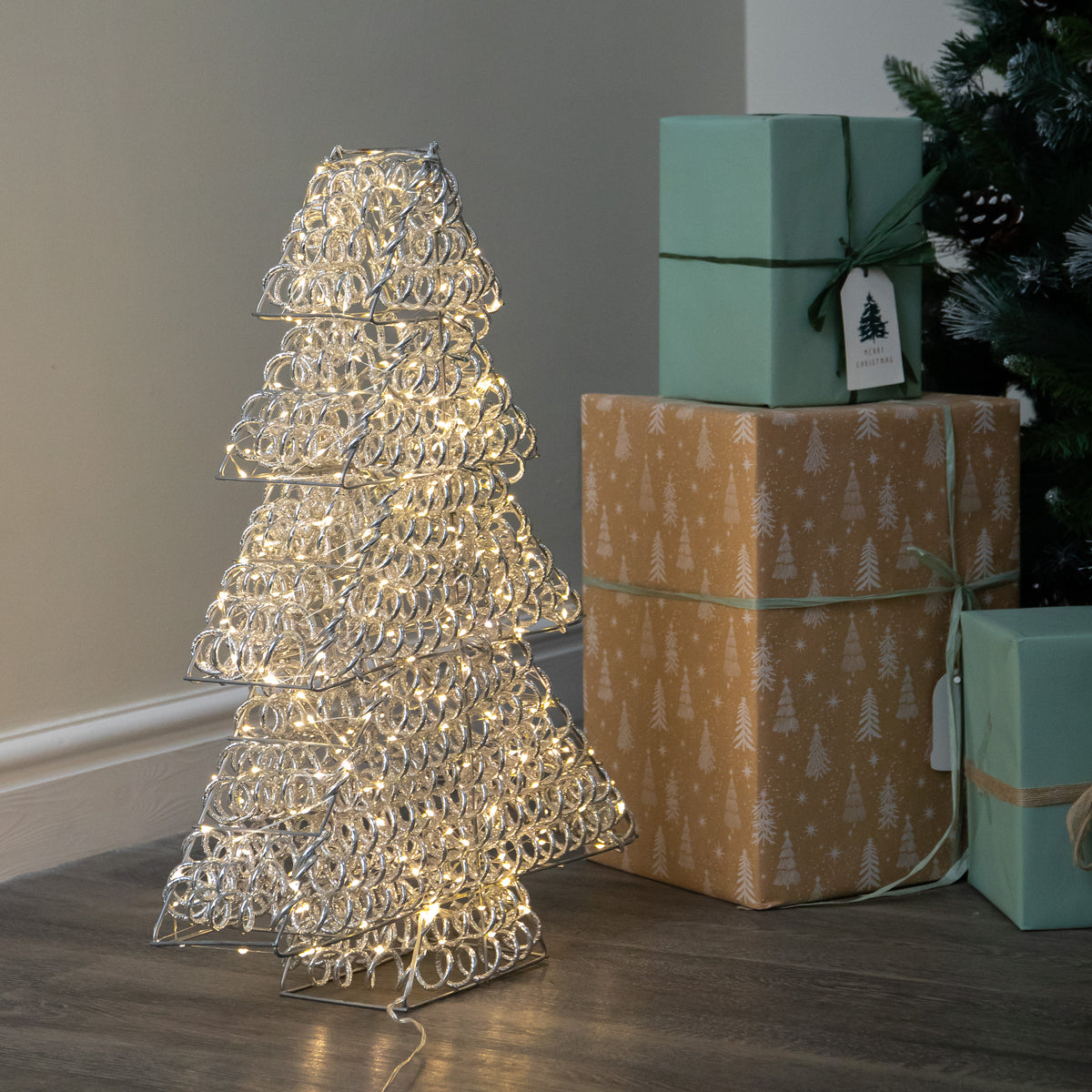 60cm Light up Silver Spiral Twirl Christmas Tree with Warm White LEDs
