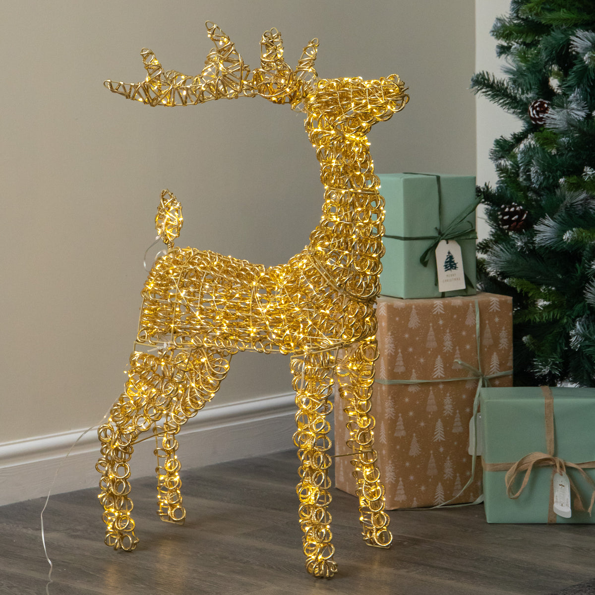 80cm Light Gold Spiral Twirl Christmas Reindeer with Warm White LEDs