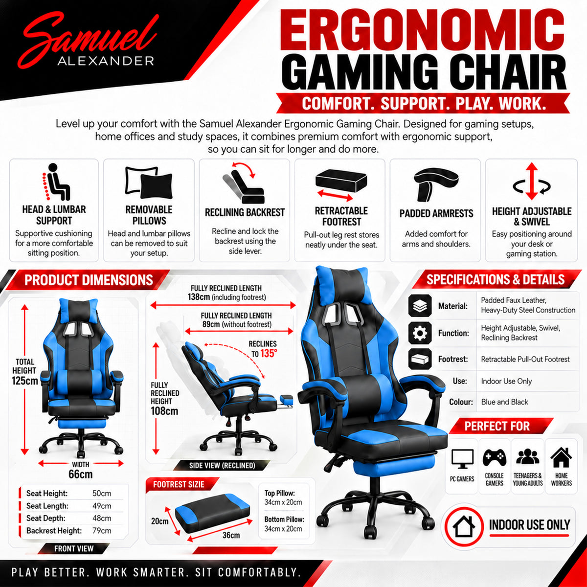 Ergonomic Gaming Chair with Footrest and Removable Pillows in Blue