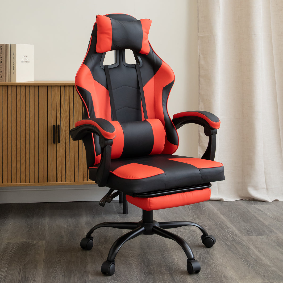 Ergonomic Gaming Chair with Footrest and Removable Pillows in Red